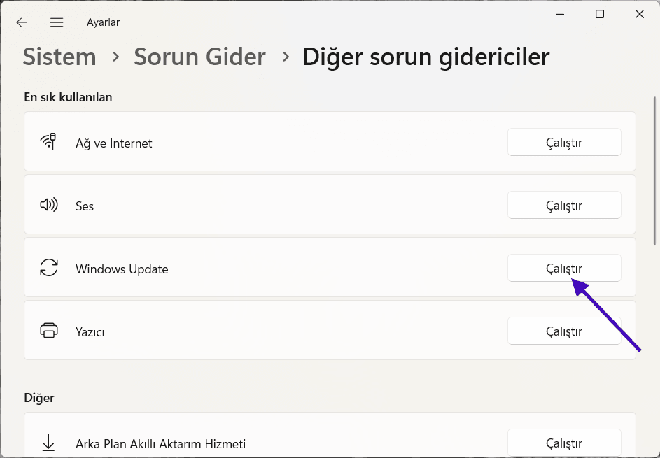 Windows 11 Ayarlarında Güncelleme Merkezi sorunlarını giderme.