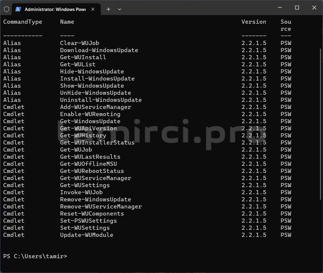 PSWindowsUpdate komutlarının listesi